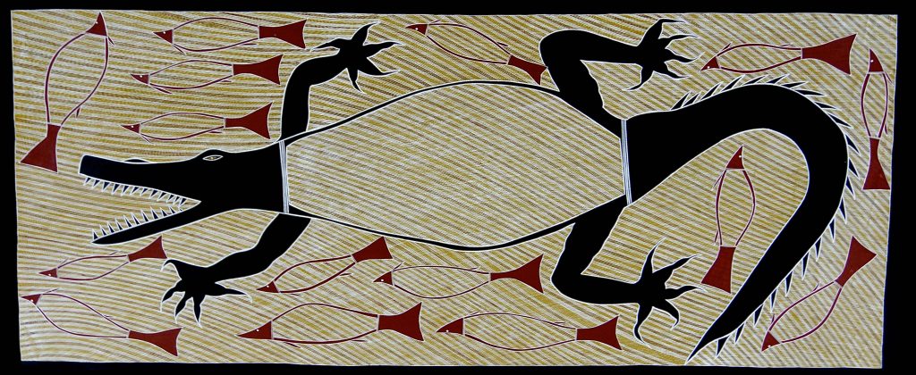Billy Durbuma Black - “Baru Dhawu (Crocodile Story)”, 2015 - 81 x 198 cm - Acrylic on canvas © The Artist – Photo courtesy Bula Bula Arts
