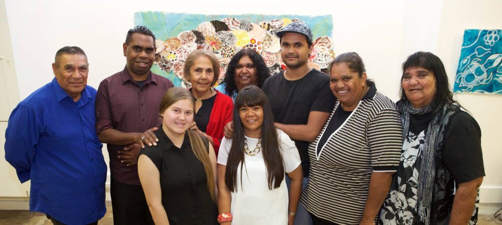 Euraba Artists Alin Duncan, Clinton Day, Gloria Woodbridge, Leonie Binge, Karlie Duncan, Lola Binge and May Hinch - Exhibition Miri 2015 at Boomalli - Photo Sharon Hickey