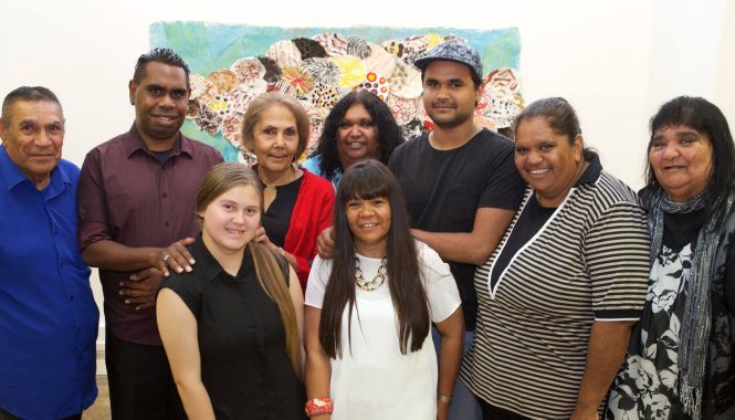 Euraba Artists Alin Duncan, Clinton Day, Gloria Woodbridge, Leonie Binge, Karlie Duncan, Lola Binge and May Hinch - "Miri" 2015 Boomalli - Photo Sharon Hickey