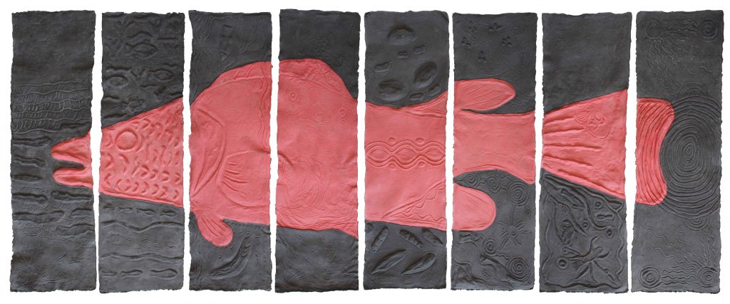 Euraba Artists - "Gaduu - Murray Cod", 2010 - 8-panel collaborative cast handmade paper work © The Artists – Photo courtesy Euraba Artists