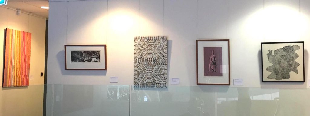 View of exhibition "Scratching the surface" at Alliance Francaise Sydney - Artworks by Mary Anne Nampijinpa Michaels, Nici Cumpston, Djirrirra Wunuŋmurra, Reko Rennie, Tommy May Ngarralja - Photo IDAIA