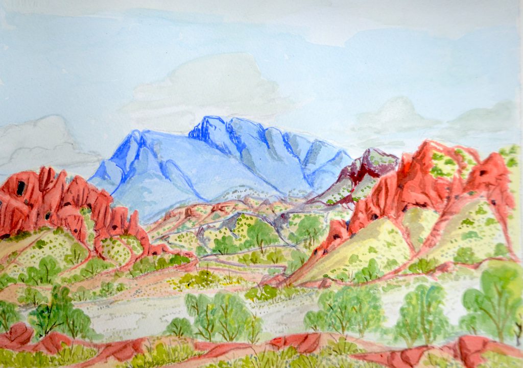 Kumantjai L Namatjira Lankin - "West MacDonnell Ranges, west from Papunya", 2015 - 26 x 36 cm - Watercolour on paper © The Artist - Courtesy Iltja Ntjarra Art Centre