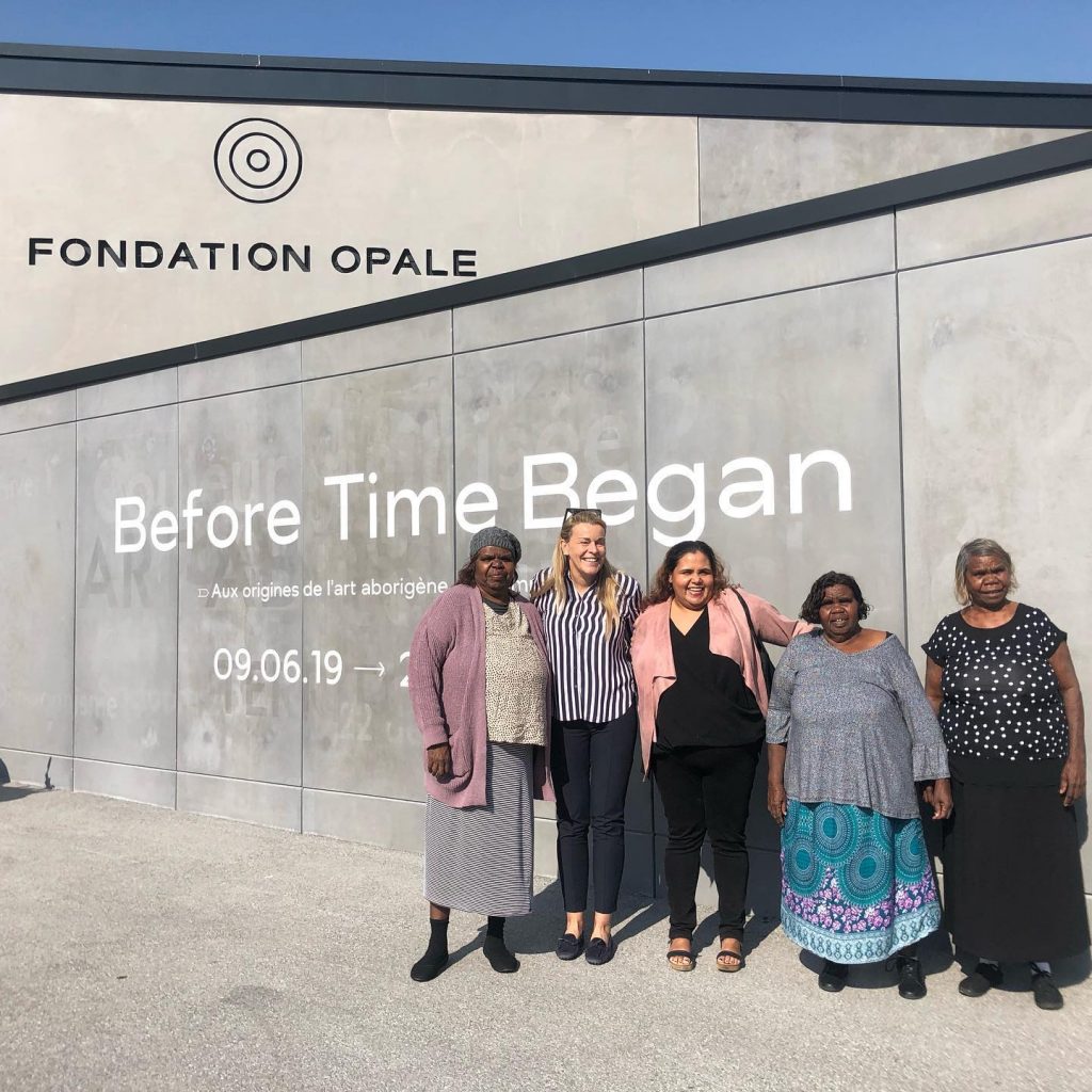 Artists Nyunmiti Burton, Tuppy Goodwin and Mrs Norris, with Berengere Primat and Sally Scales at Fondation Opale - Photo Mimili Maku Arts