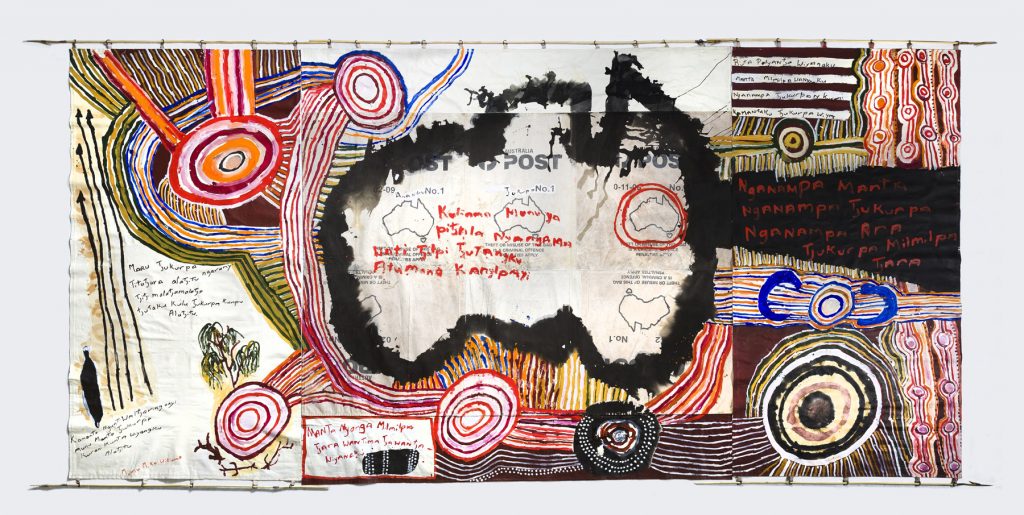 Kunmanara (Mumu Mike) Williams - 'Kamantaku Tjukurpa wiya (The Government doesn't have Tjukurpa)' 2018 - The National 2019 at the MCA Australia - Image courtesy the artist and Mimili Maku Arts © the artist - Photograph Jessica Maurer