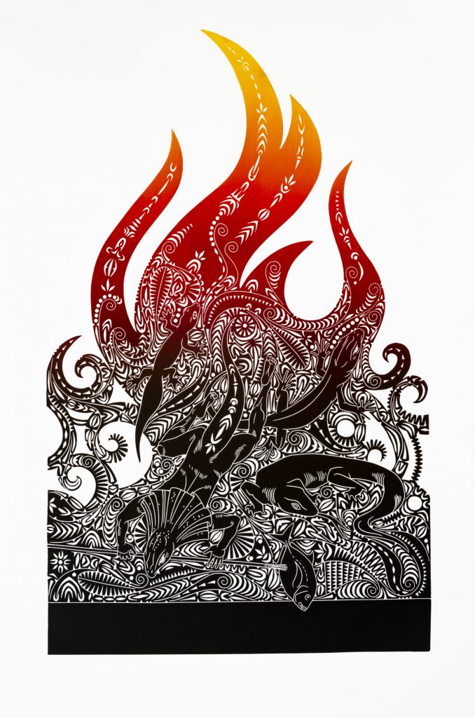 Brian Robinson, "Walek, the bringer of fire", linocut © The Artist