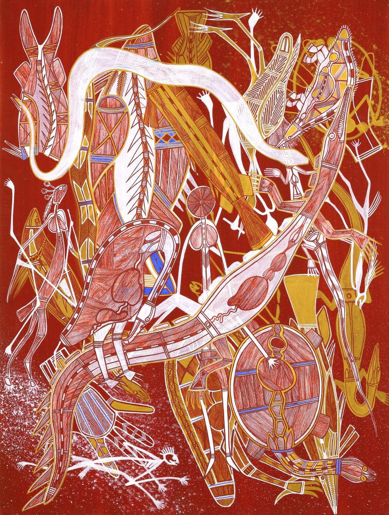 Gabriel Maralngurra -Kunwardde Bim Kakukyime (Rock Art Style), 2019 - Natural pigments and Reckitt’s Blue on paper - Kluge-Ruhe Aboriginal Art Collection of the University of Virginia © The Artist