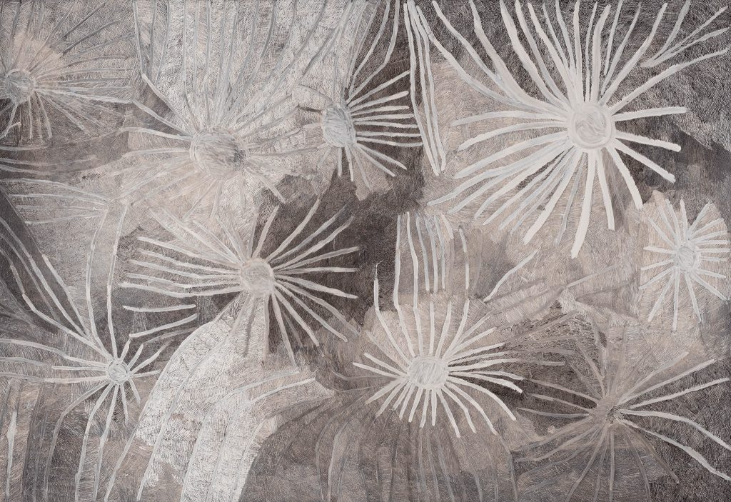 Nyapanyapa Yunupiŋu, Ganyu (Stars) 2019 (detail), 241.0 x 363.2 x 6.0 cm, earth pigment on compressed fibre board, 4K digital video projection. Courtesy of Buku-Larrŋgay Mulka Centre. Kerry Stokes Collection, Perth.