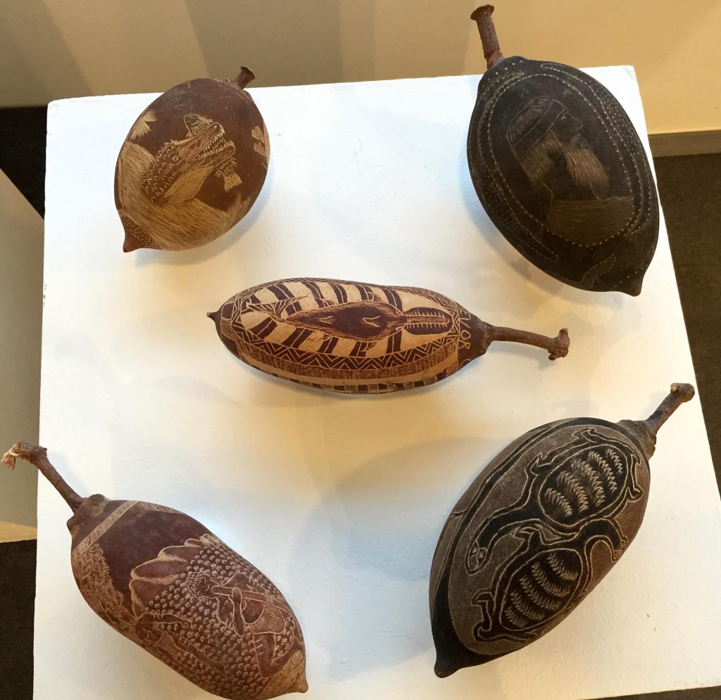 View of Boab Nuts by Mangkaja Artists as part of exhibition 'Scratching the Surface' at the Alliance Francaise of Sydney - Photo IDAIA