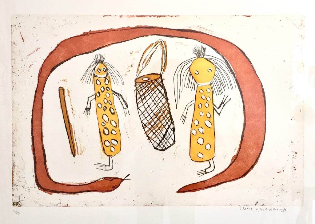 Lucy Yarawanga - 'Bawaliba and Ngalyod (Spirit Woman and Rainbow Serpent / Esprits Femme et Serpent arc-en-ciel)' - Etching on paper / Eau-forte sur papier - Courtesy of Babbarra Women's Centre