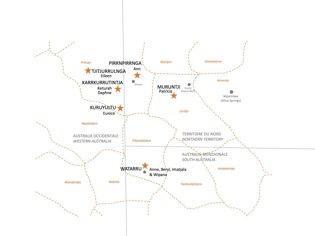 Indicative map of the sites represented in the paintings - Courtesy IDAIA and Ikuntji Artists