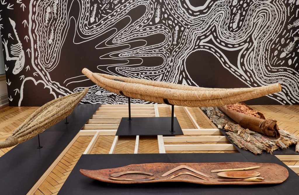 Installation view of works by Badger Bates, Senior Craftsman Rex Greeno and son Dean Greeno, and John Kelly and Rena Shein, rīvus, 23rd Biennale of Sydney, Art Gallery of New South Wales © the artists - Photo Christopher Snee