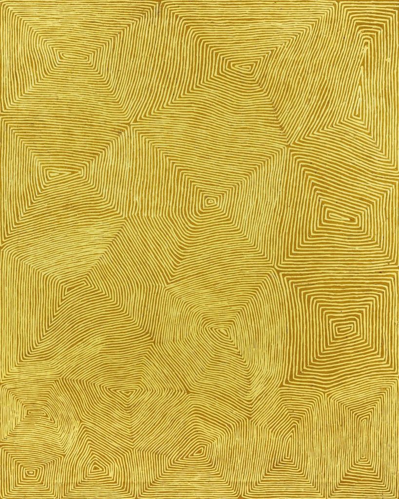 George Tjungurrayi, Untitled, 2021, acrylic on Belgian linen, 153 x 122cm. Image courtesy Papunya Tula Artists, image by Gretel Bull.