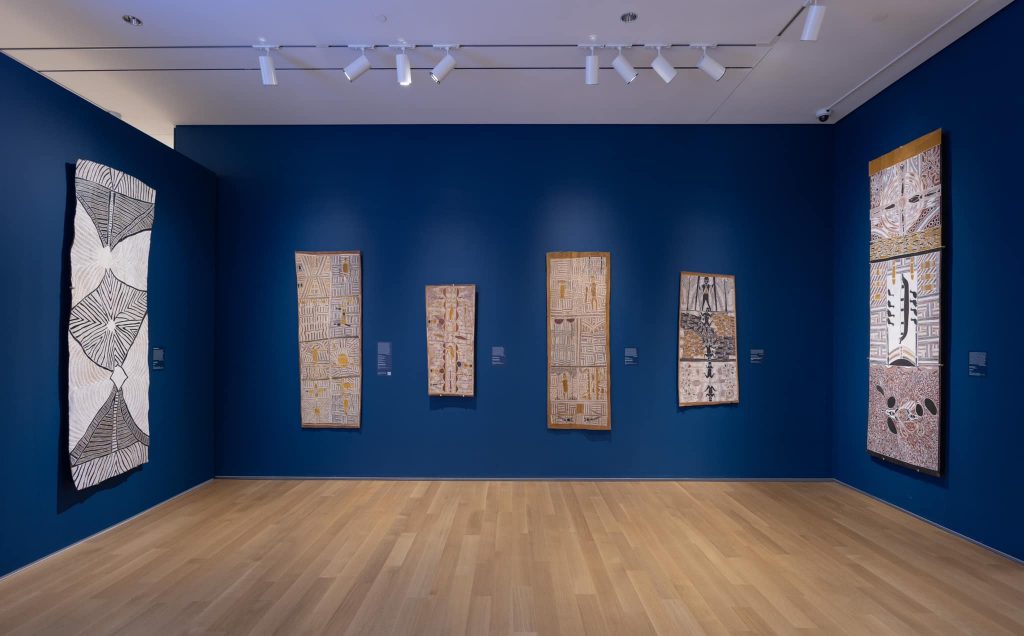 Installation view of 'Maḏayin - Eight Decades of Aboriginal Australian Bark Painting from Yirrkala' at Hood Museum of Art, Photo Hood Museum of Art