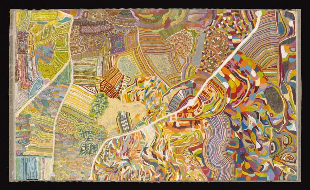 Yarrkalpa (Hunting Ground) 2013 by Kumpaya Girgirba, Yikartu Bumba, Kanu Nancy Taylor, Ngamaru Bidu, Janice Yuwali Nixon, Reena Rogers, Thelma Judson and Nola Ngalangka Taylor, Martumili Artists © the artists - Image National Museum of Australia