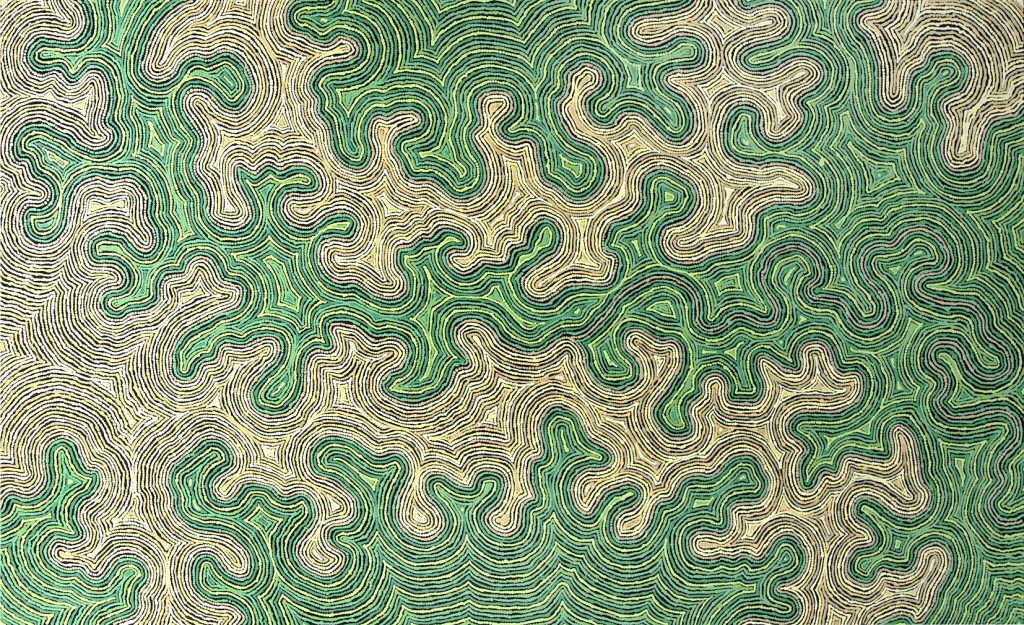 Mukayi Baker, "Piltati" 2023, Acrylic on canvas, 200 x 121 cm, Courtesy Ernabella Artists