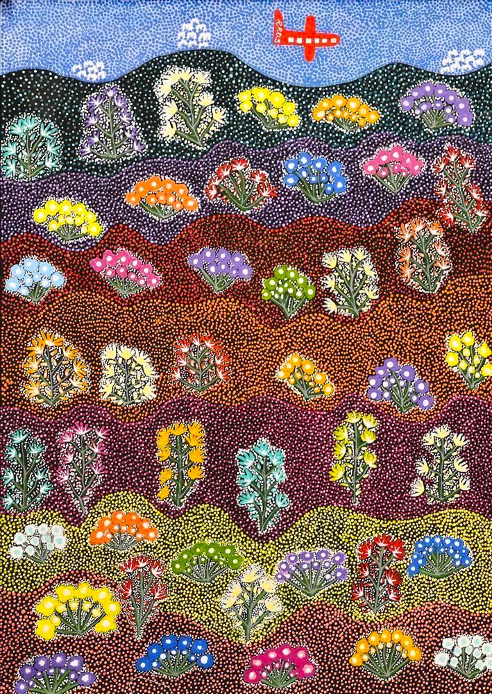 Annette Nungala Peterson, "Royal Flying Doctor Service", Acrylic on canvas, 106 x 75 cm, Courtesy Barkly Artists.