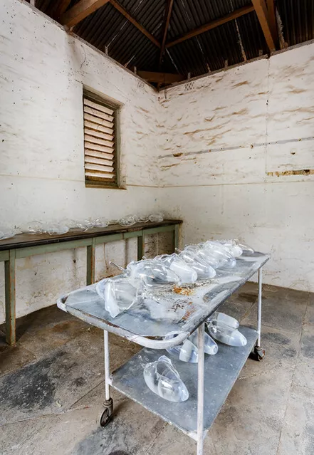 Installation view: Yhonnie Scarce, In the Dead House, Mortuary Trolley (2021). © Image sourced from artsy.net.